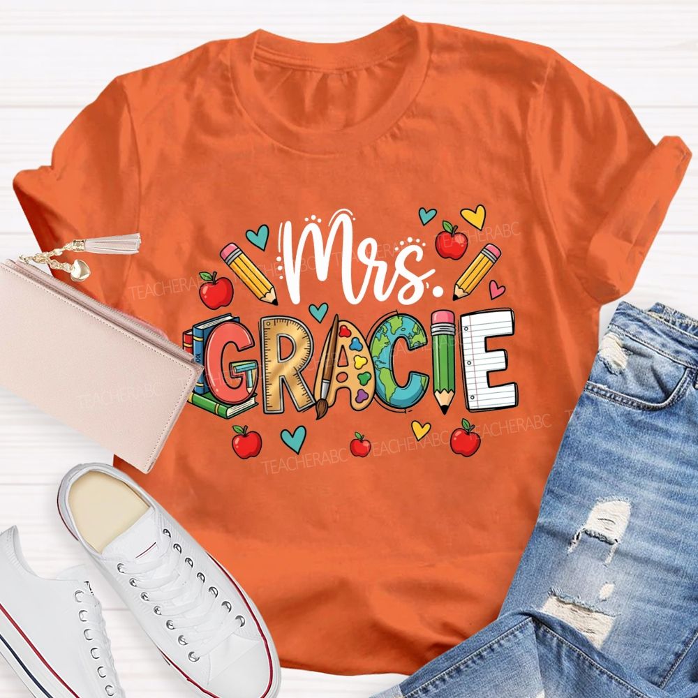 Personalized Name Doodle Letters Pencil Apple Book Globe Teacher T-shirt