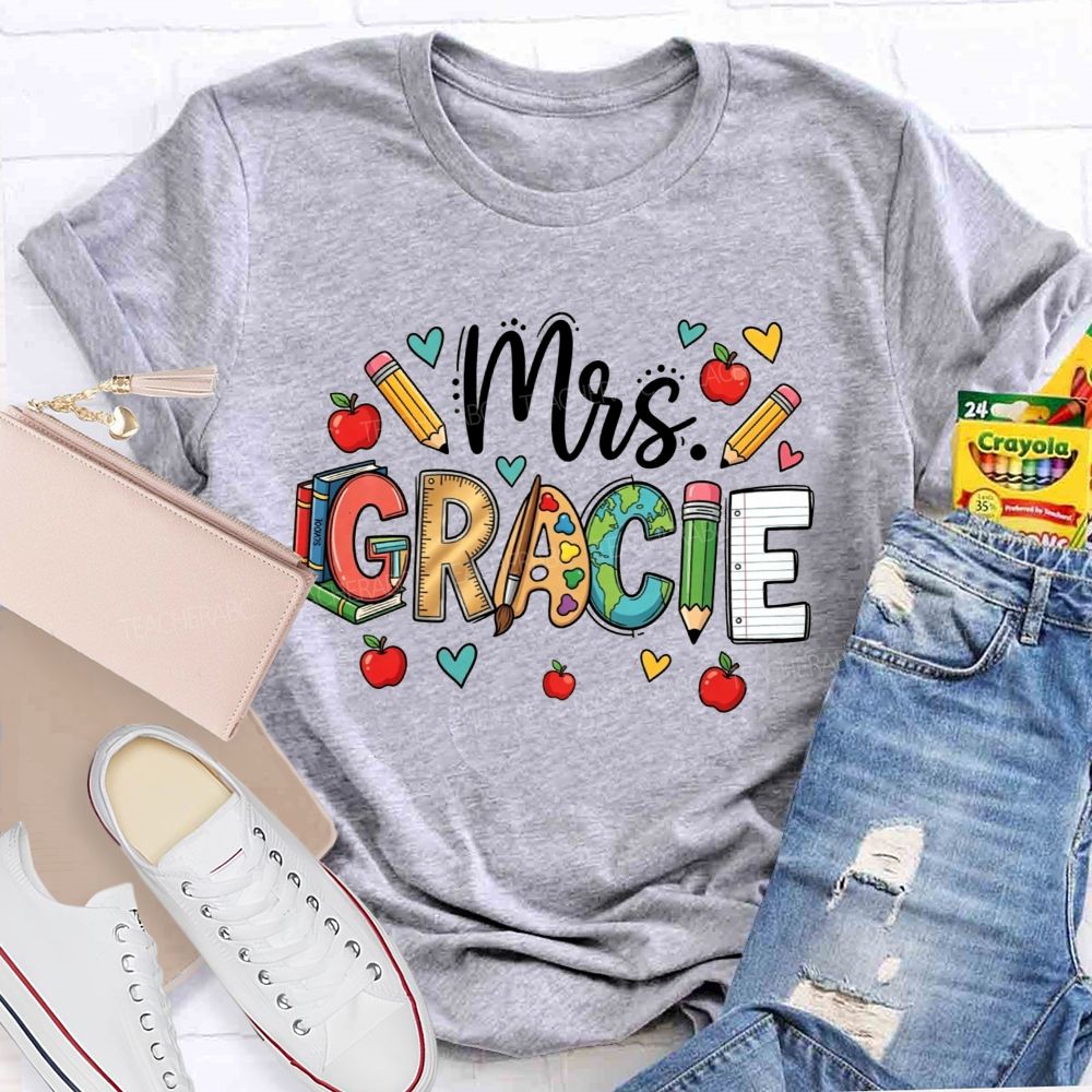 Personalized Name Doodle Letters Pencil Apple Book Globe Teacher T-shirt