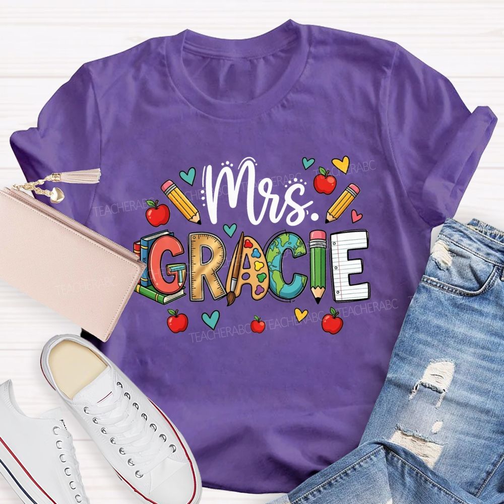 Personalized Name Doodle Letters Pencil Apple Book Globe Teacher T-shirt