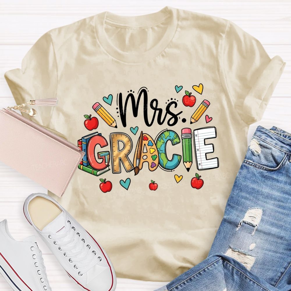 Personalized Name Doodle Letters Pencil Apple Book Globe Teacher T-shirt