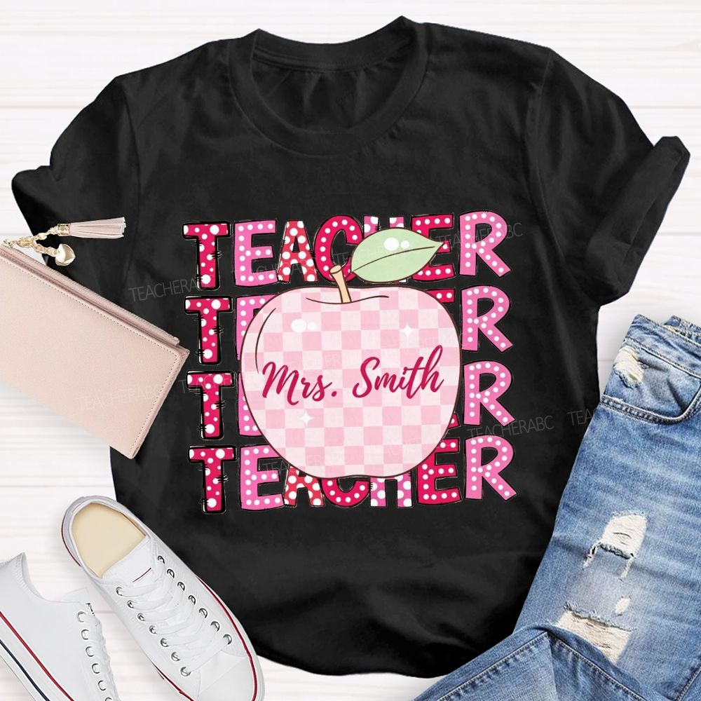 Personalized Name Teacher Pink Plaid Apple Repeat Teacher T-shirt