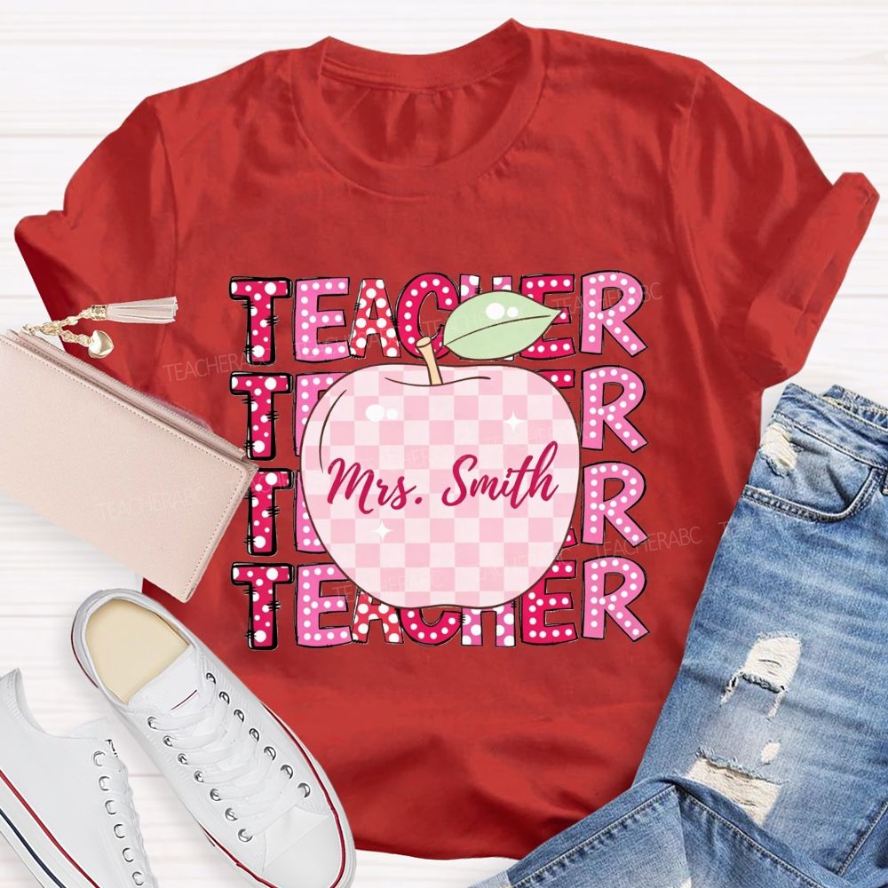 Personalized Name Teacher Pink Plaid Apple Repeat Teacher T-shirt