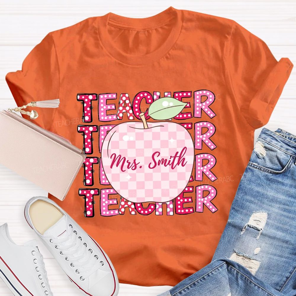 Personalized Name Teacher Pink Plaid Apple Repeat Teacher T-shirt