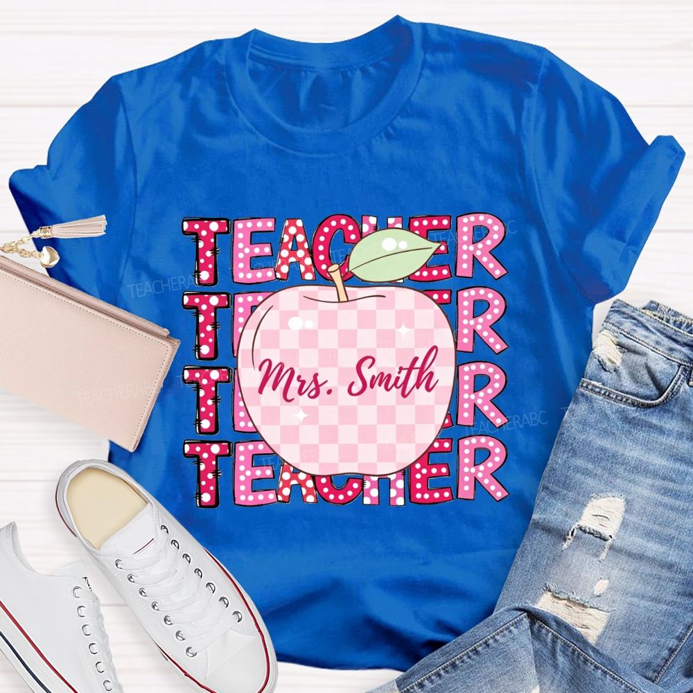 Personalized Name Teacher Pink Plaid Apple Repeat Teacher T-shirt