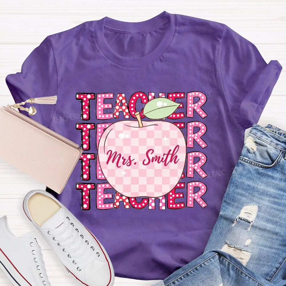 Personalized Name Teacher Pink Plaid Apple Repeat Teacher T-shirt
