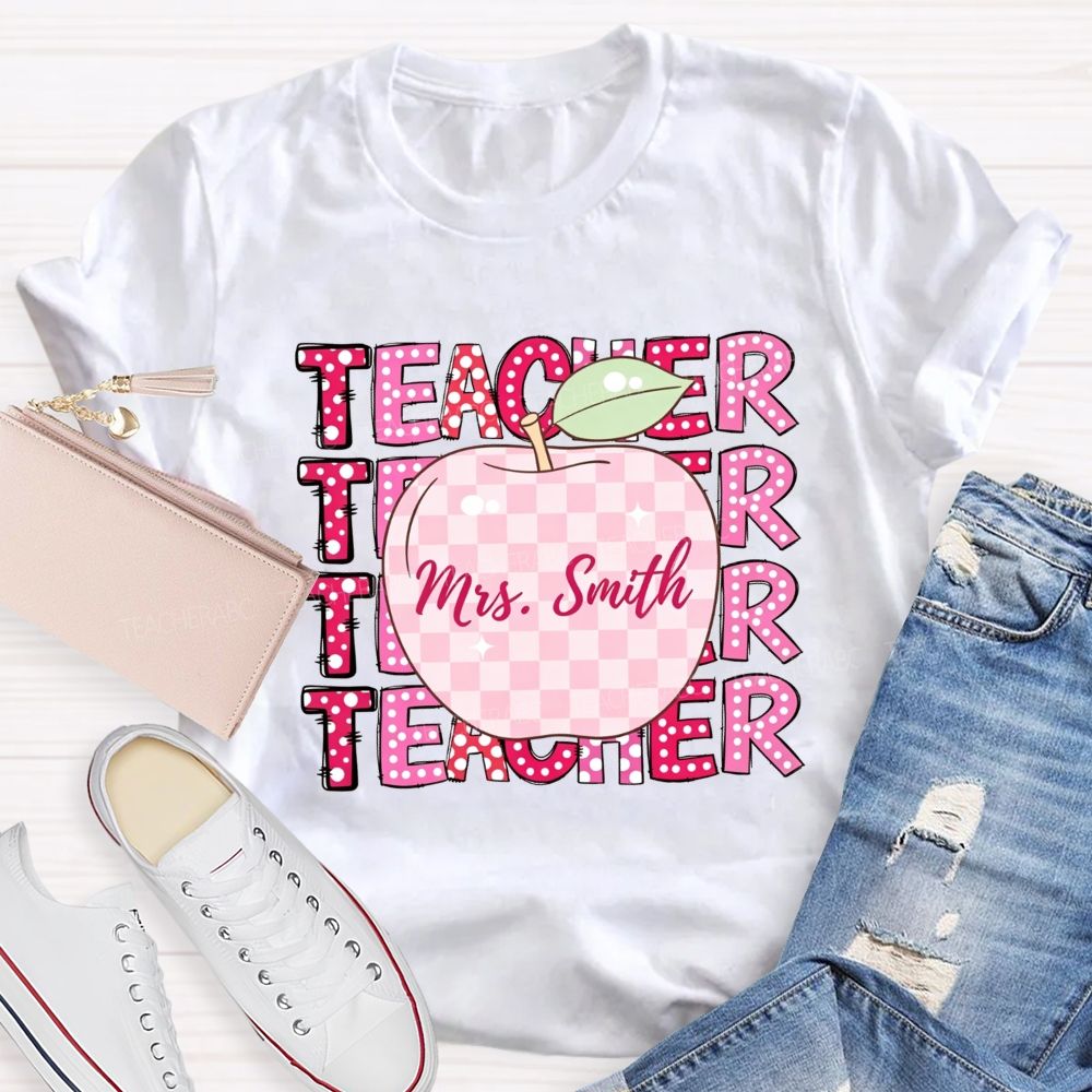 Personalized Name Teacher Pink Plaid Apple Repeat Teacher T-shirt