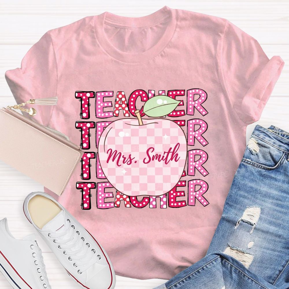 Personalized Name Teacher Pink Plaid Apple Repeat Teacher T-shirt