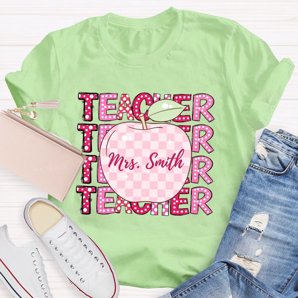 Personalized Name Teacher Pink Plaid Apple Repeat Teacher T-shirt