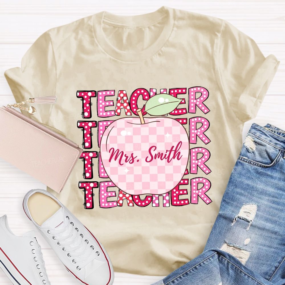 Personalized Name Teacher Pink Plaid Apple Repeat Teacher T-shirt