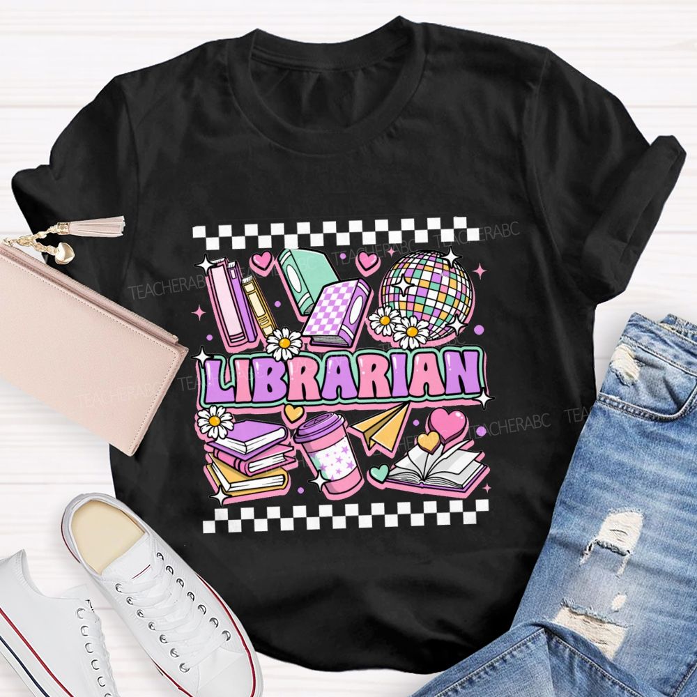 Librarian Purple Letters Checkerboard Teacher T-Shirt