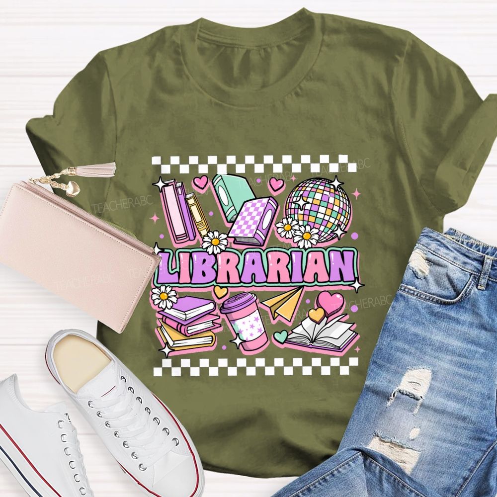Librarian Purple Letters Checkerboard Teacher T-Shirt