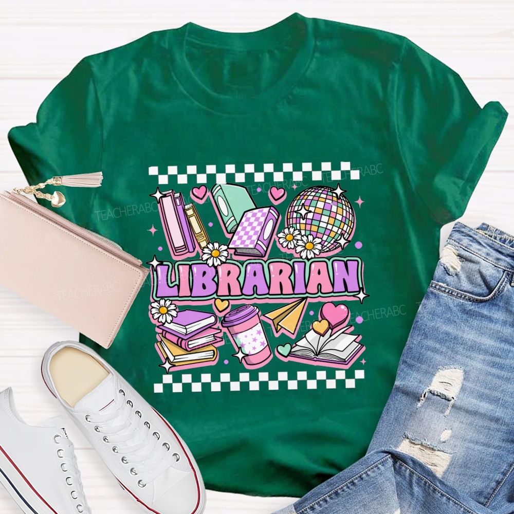 Librarian Purple Letters Checkerboard Teacher T-Shirt