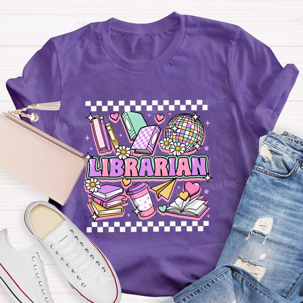 Librarian Purple Letters Checkerboard Teacher T-Shirt