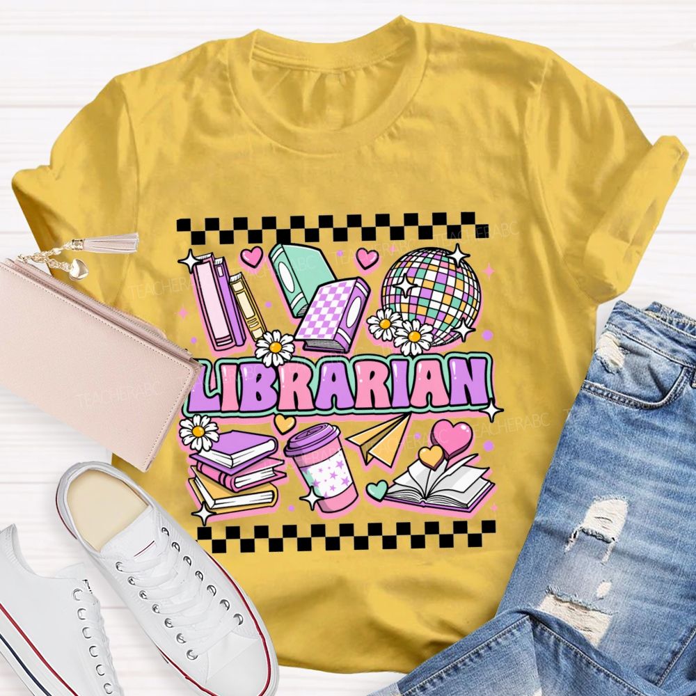 Librarian Purple Letters Checkerboard Teacher T-Shirt