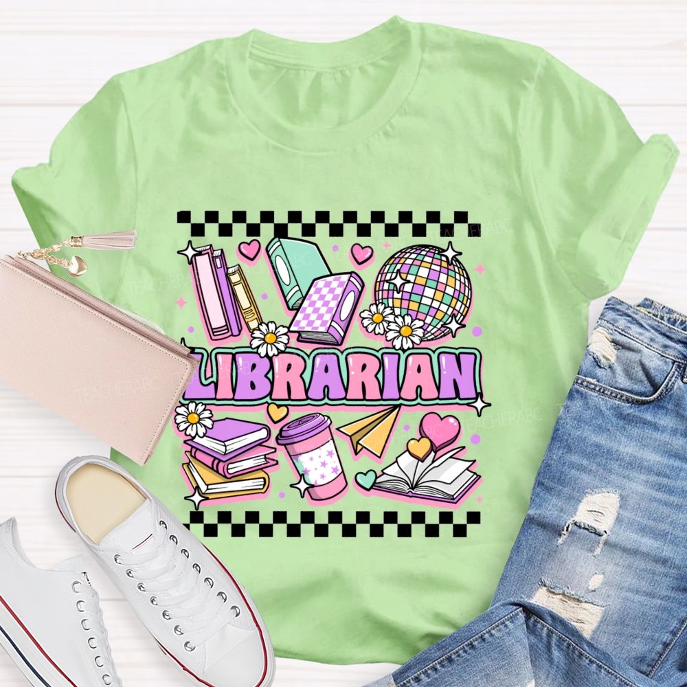 Librarian Purple Letters Checkerboard Teacher T-Shirt