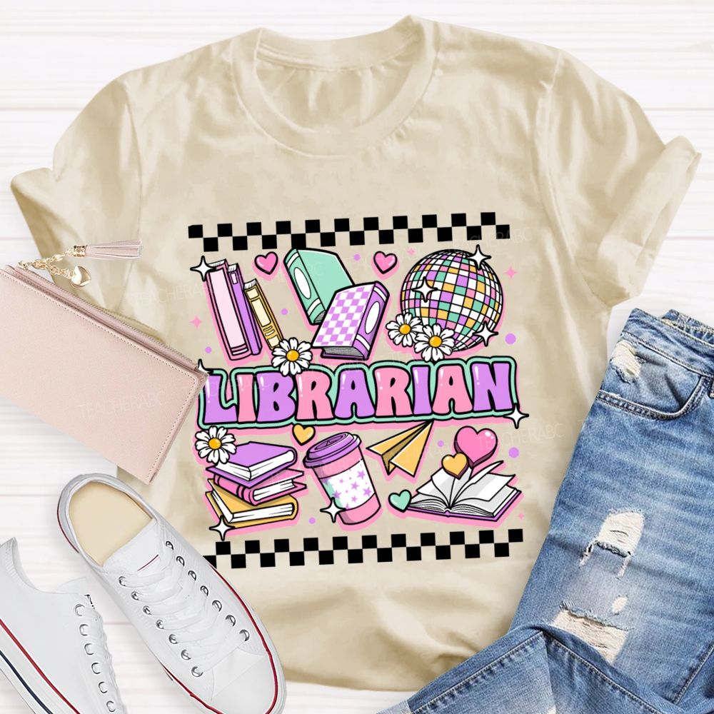 Librarian Purple Letters Checkerboard Teacher T-Shirt