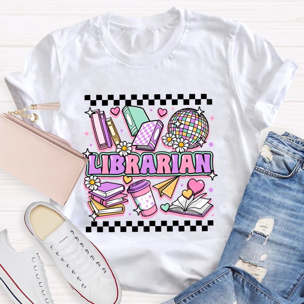 Librarian Purple Letters Checkerboard Teacher T-Shirt