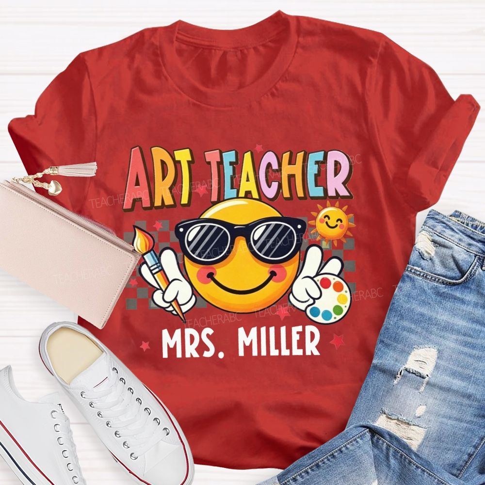 Personalized Name Art Teacher Sunglasses Emoji Artist Palette Teacher T-shirt