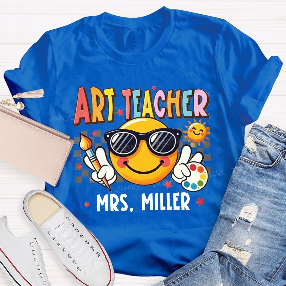 Personalized Name Art Teacher Sunglasses Emoji Artist Palette Teacher T-shirt