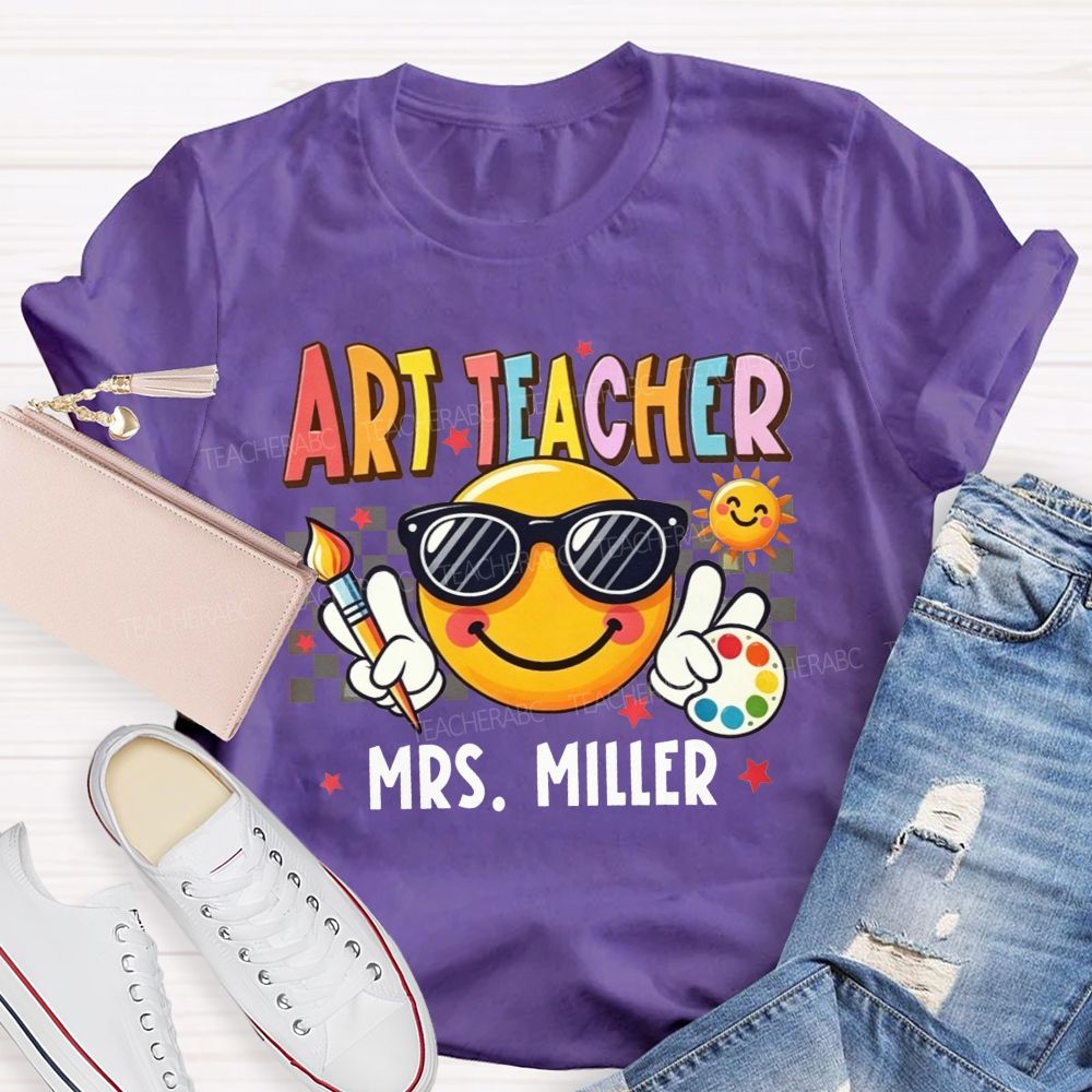 Personalized Name Art Teacher Sunglasses Emoji Artist Palette Teacher T-shirt