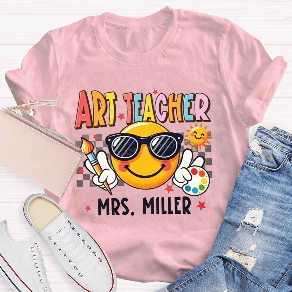 Personalized Name Art Teacher Sunglasses Emoji Artist Palette Teacher T-shirt