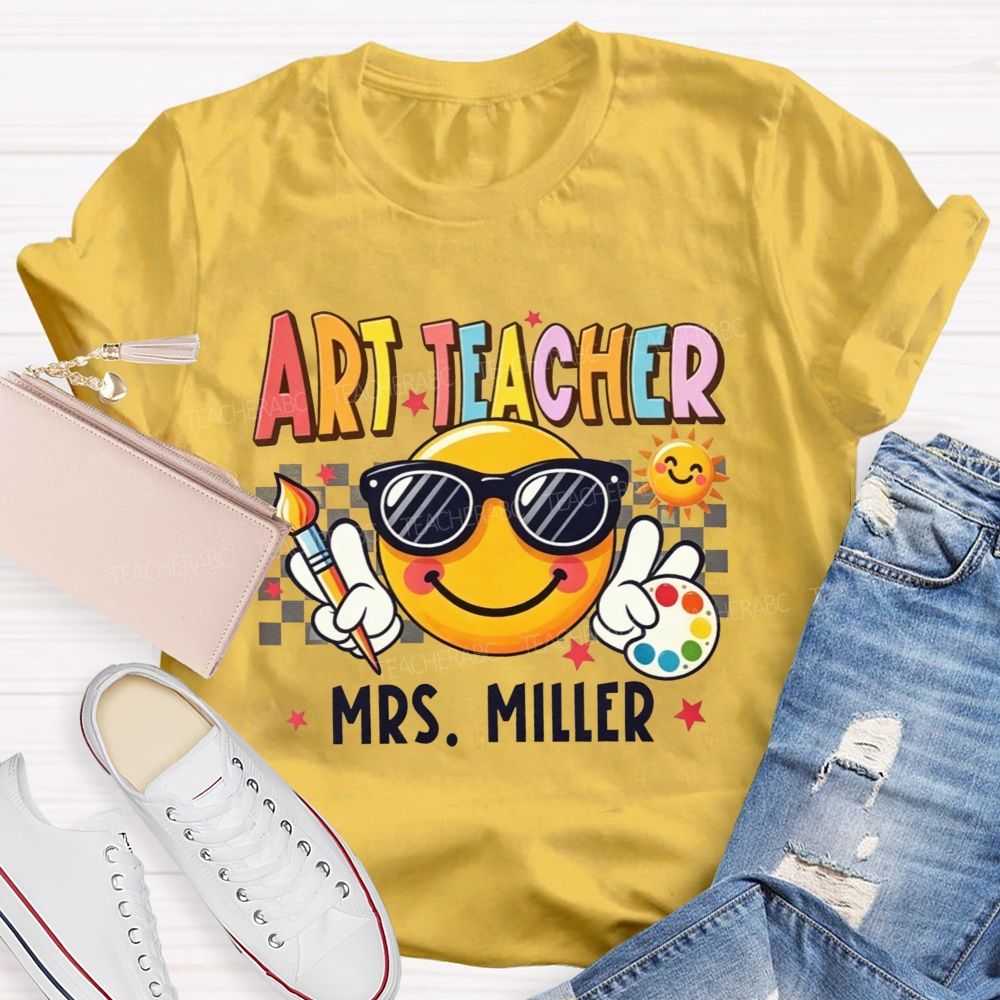 Personalized Name Art Teacher Sunglasses Emoji Artist Palette Teacher T-shirt