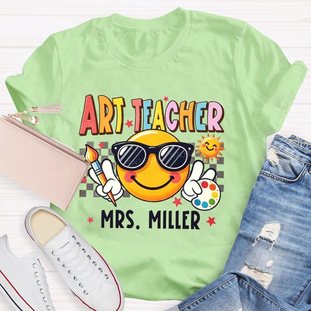 Personalized Name Art Teacher Sunglasses Emoji Artist Palette Teacher T-shirt