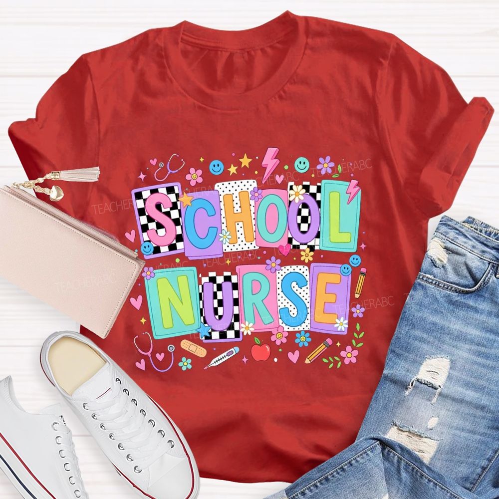 School Nurse Colorful Floral Stethoscope Bandage Graphic T-shirt