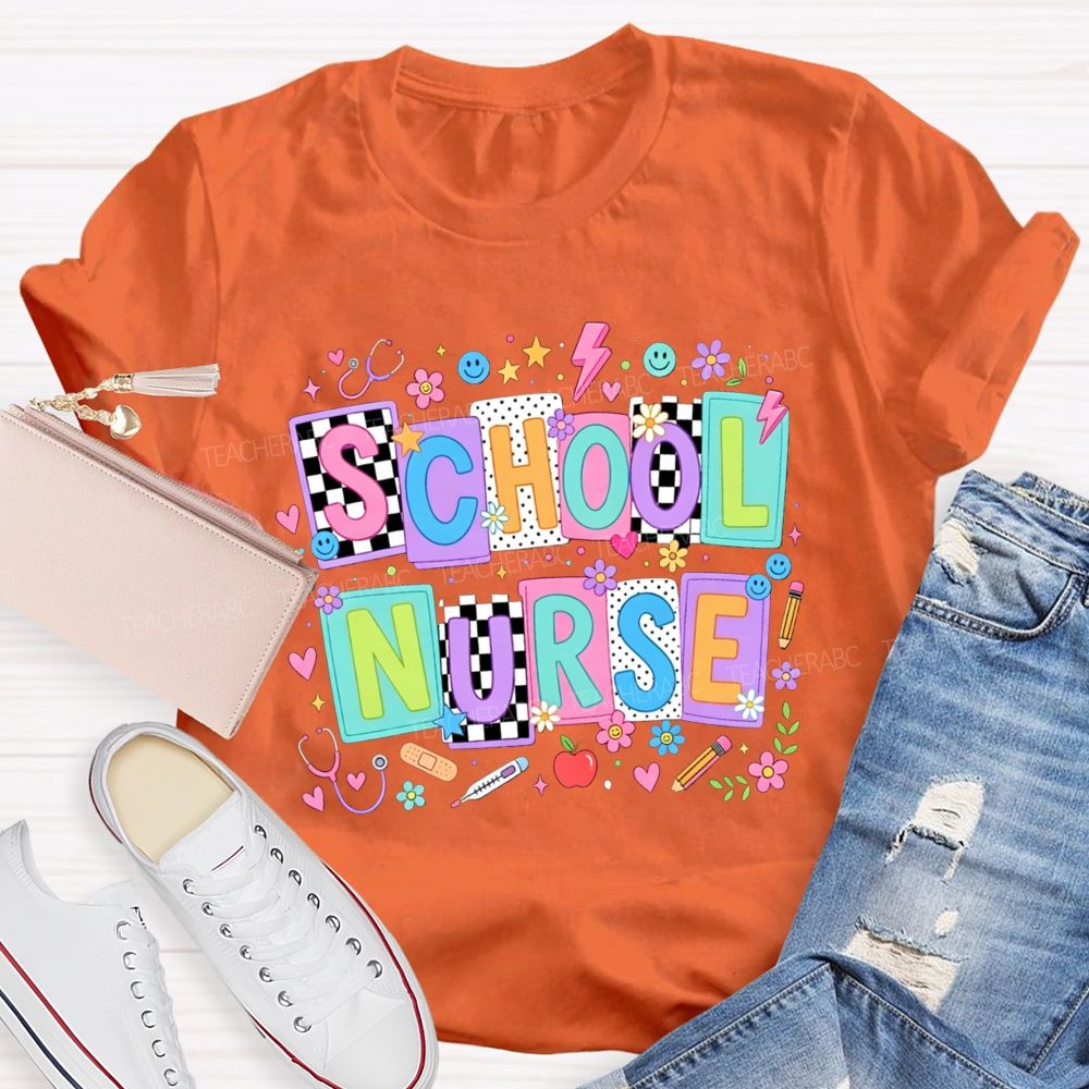 School Nurse Colorful Floral Stethoscope Bandage Graphic T-shirt