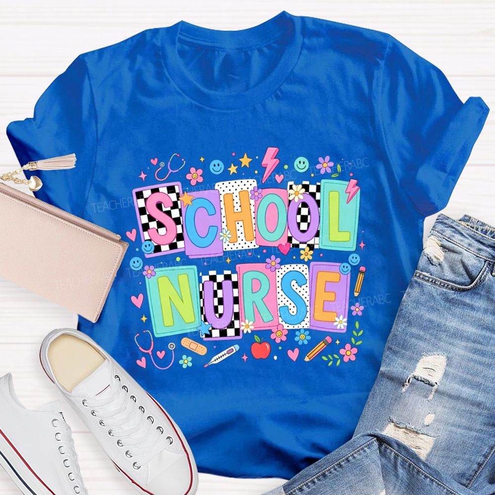 School Nurse Colorful Floral Stethoscope Bandage Graphic T-shirt