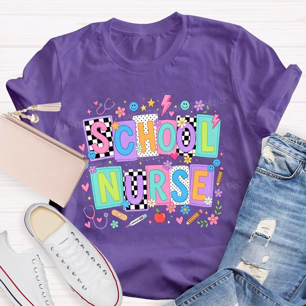 School Nurse Colorful Floral Stethoscope Bandage Graphic T-shirt