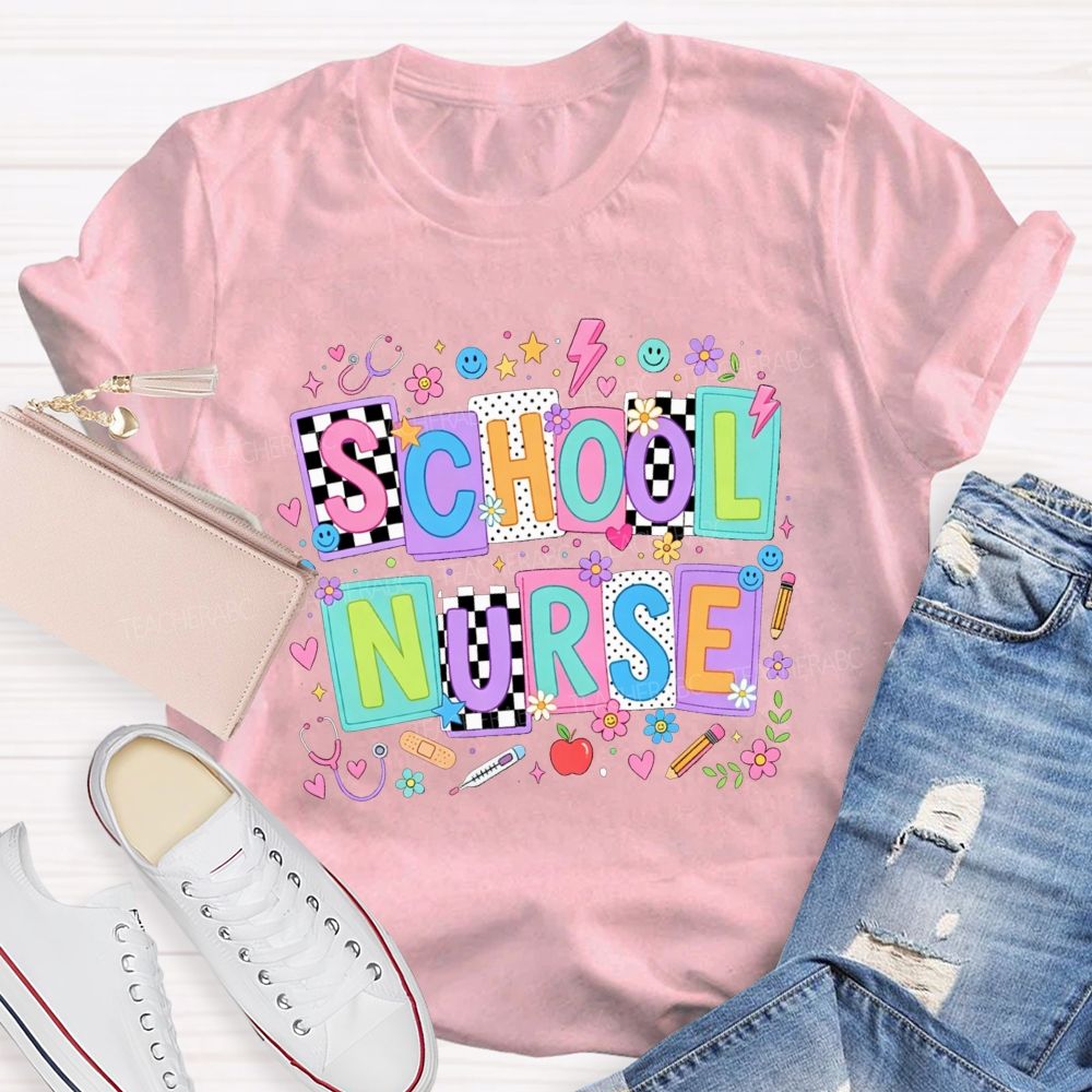 School Nurse Colorful Floral Stethoscope Bandage Graphic T-shirt