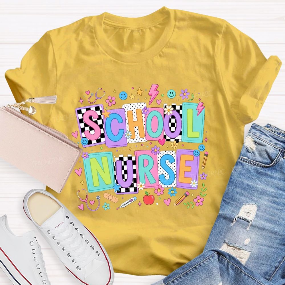 School Nurse Colorful Floral Stethoscope Bandage Graphic T-shirt