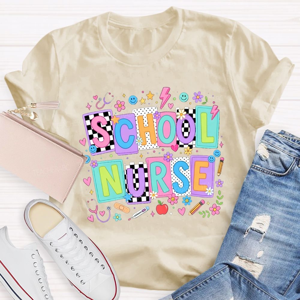 School Nurse Colorful Floral Stethoscope Bandage Graphic T-shirt