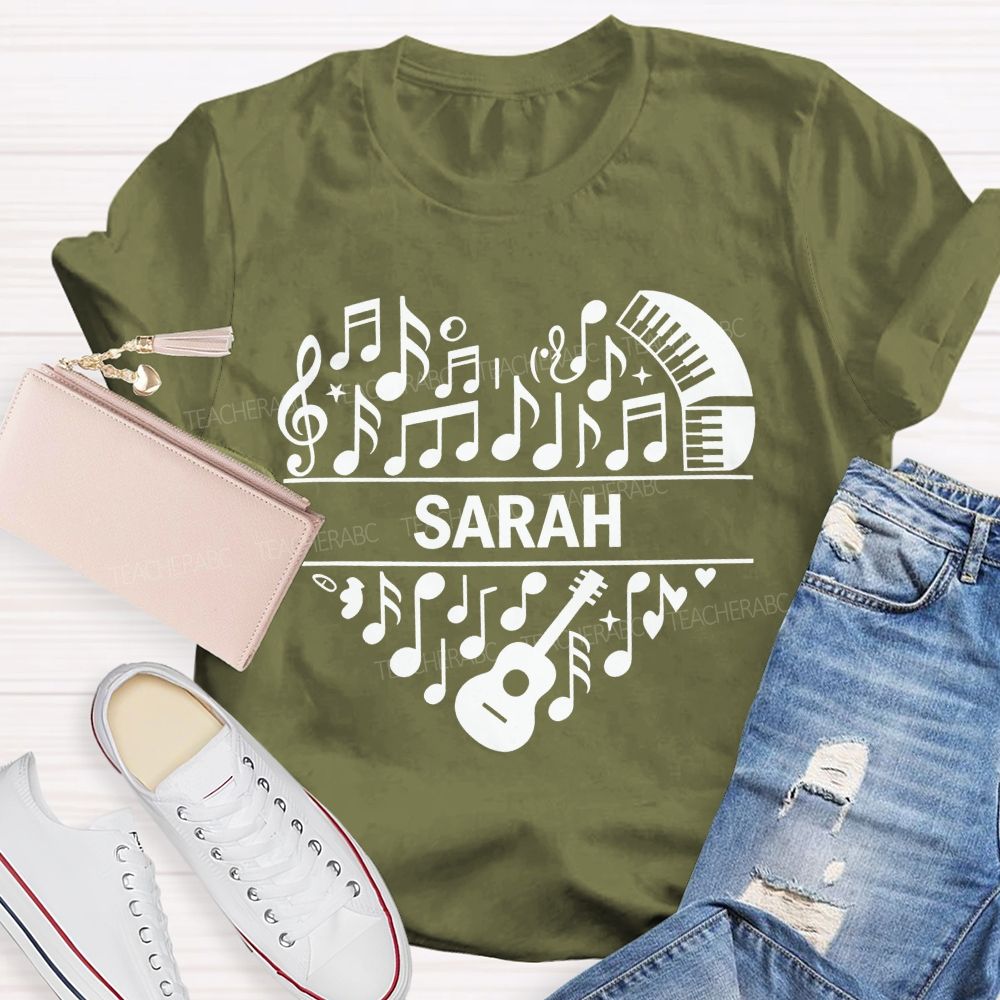 Personalized Name Music Heart Teacher Guitar Piano Note Graphic Teacher T-shirt