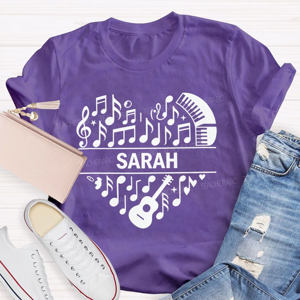 Personalized Name Music Heart Teacher Guitar Piano Note Graphic Teacher T-shirt