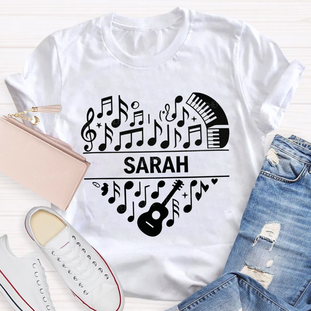 Personalized Name Music Heart Teacher Guitar Piano Note Graphic Teacher T-shirt