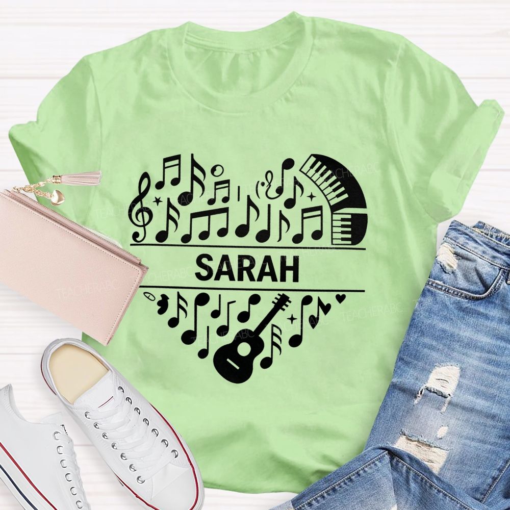 Personalized Name Music Heart Teacher Guitar Piano Note Graphic Teacher T-shirt