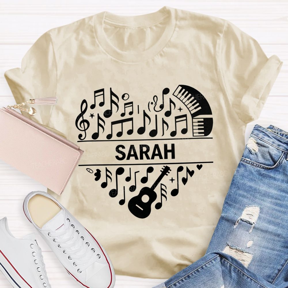 Personalized Name Music Heart Teacher Guitar Piano Note Graphic Teacher T-shirt