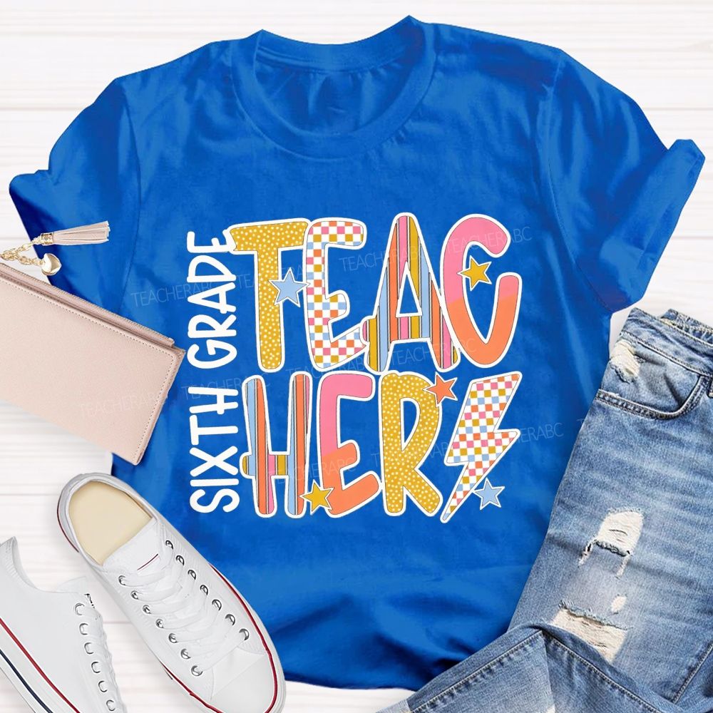 Personalized Grade Teacher Pastel Doodle Letter Teacher T-shirt