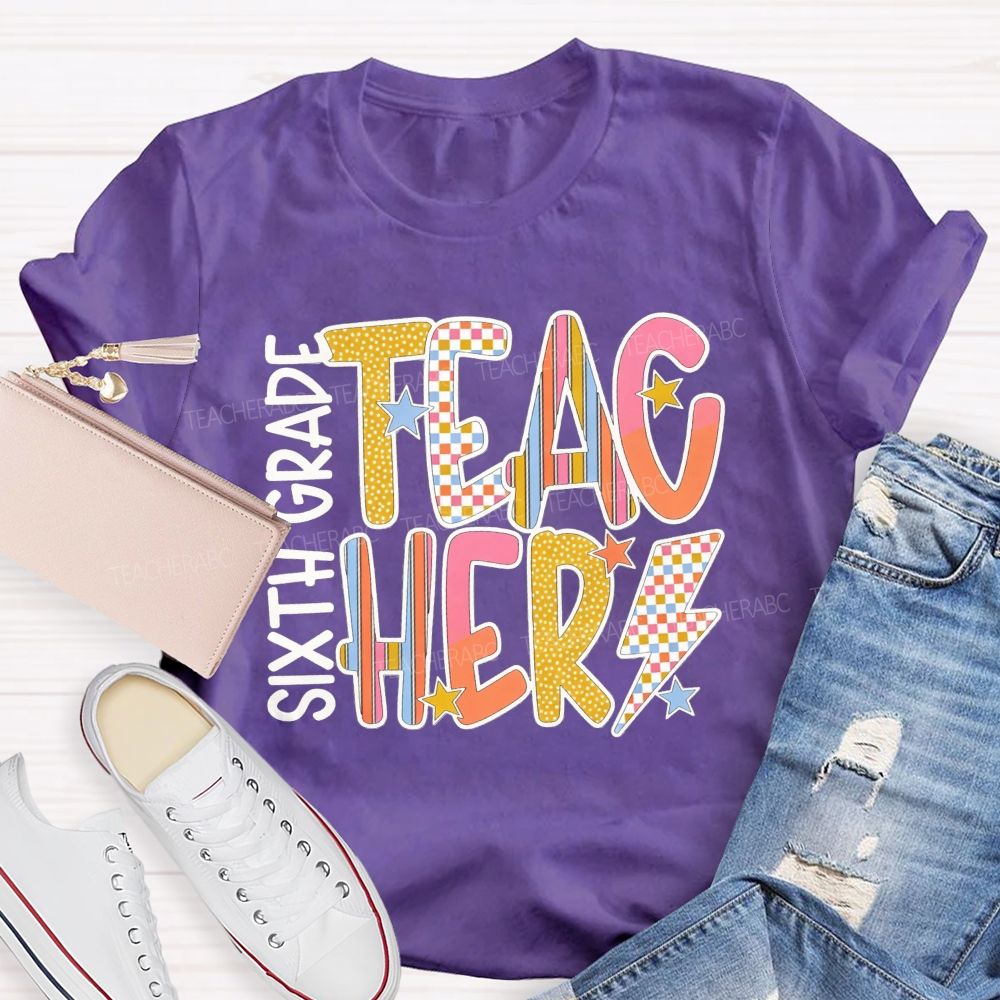 Personalized Grade Teacher Pastel Doodle Letter Teacher T-shirt