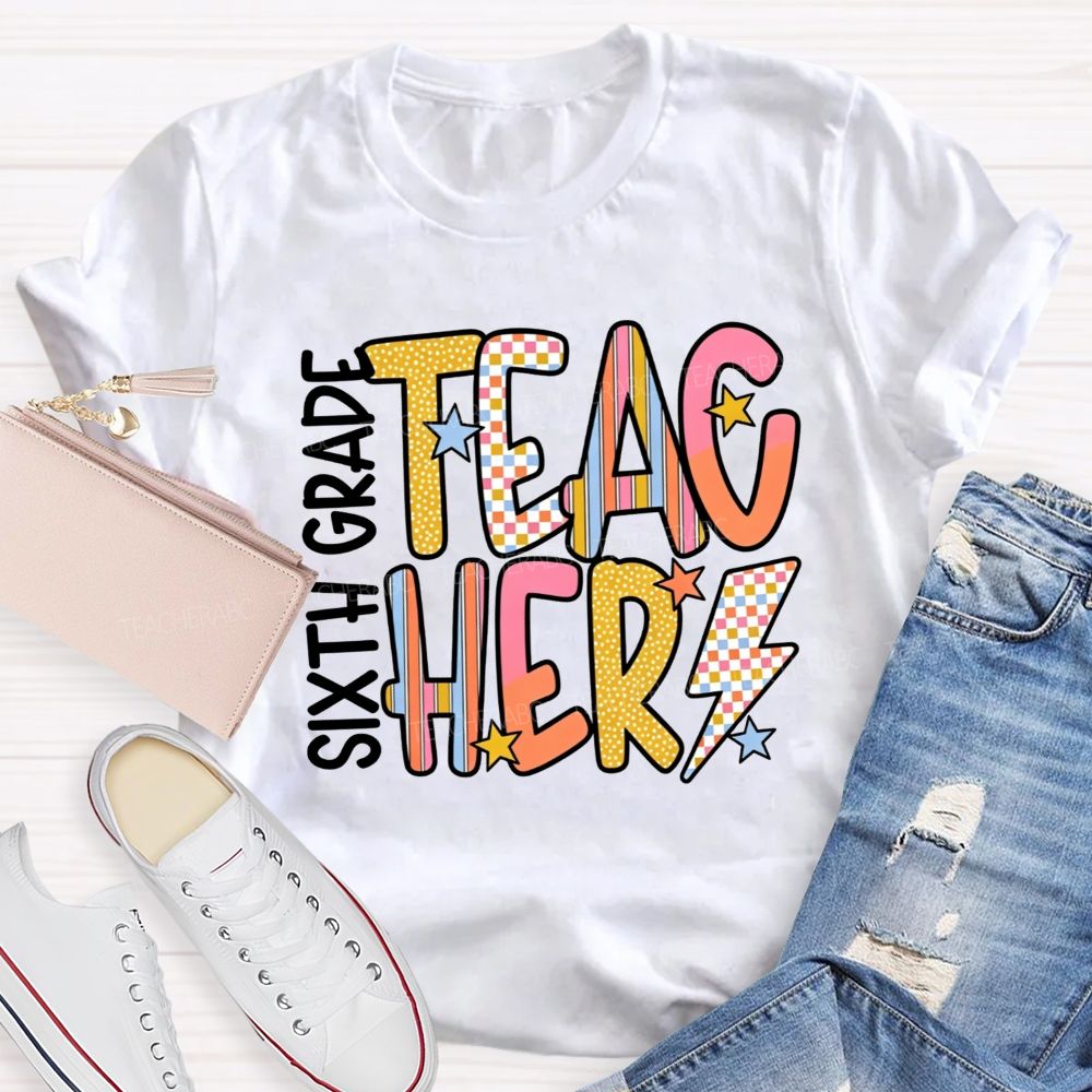 Personalized Grade Teacher Pastel Doodle Letter Teacher T-shirt