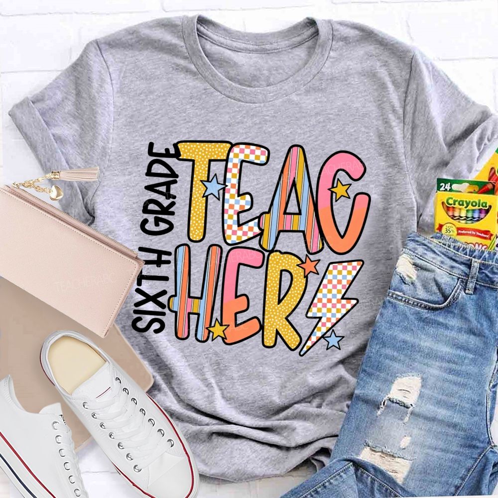 Personalized Grade Teacher Pastel Doodle Letter Teacher T-shirt