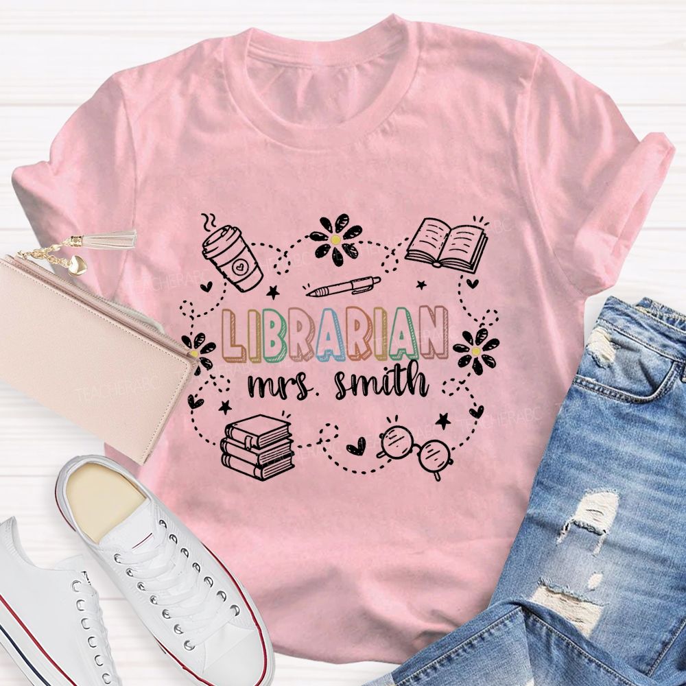 Personalized Name Librarian Daisy Book Coffee T-shirt