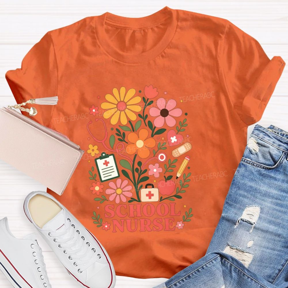 School Nurse Wildflower Stethoscope Bandage Apple T-shirt