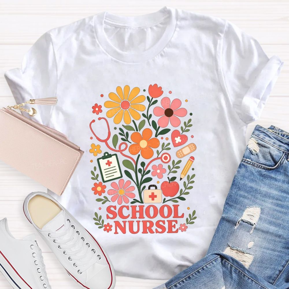School Nurse Wildflower Stethoscope Bandage Apple T-shirt