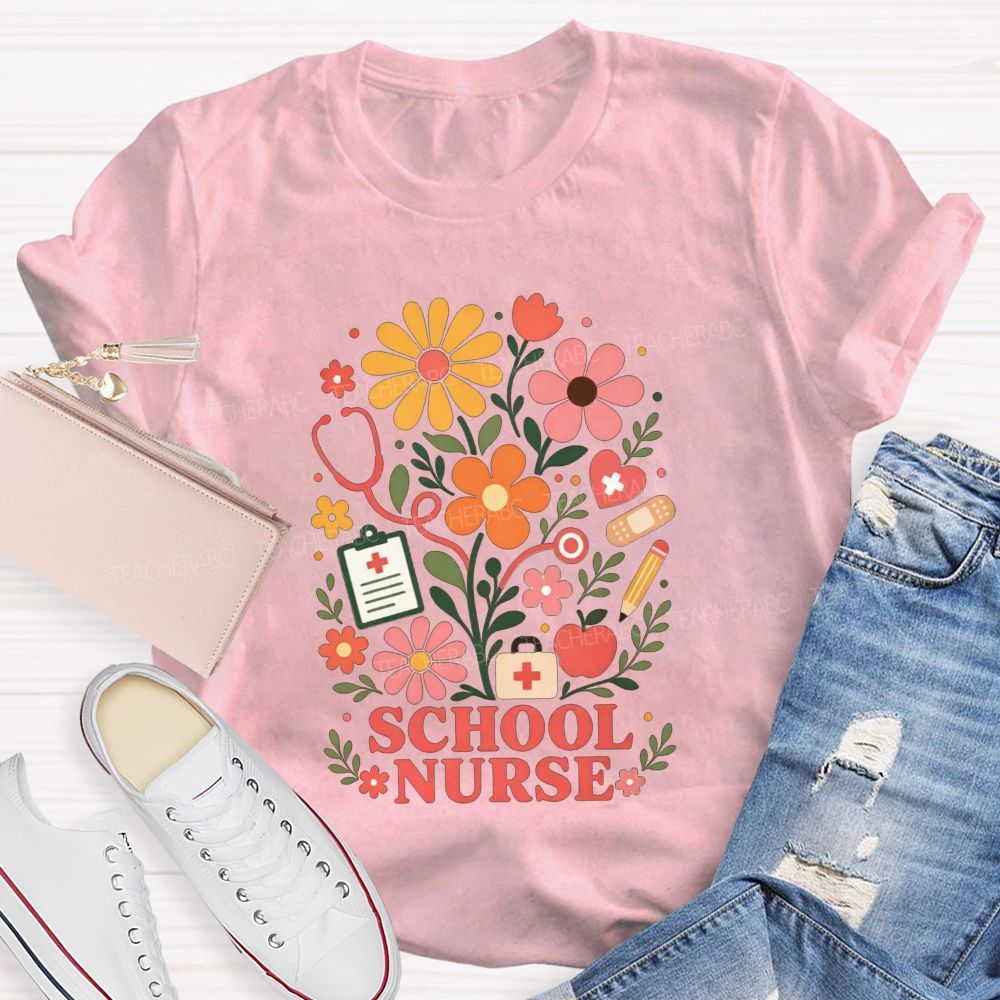 School Nurse Wildflower Stethoscope Bandage Apple T-shirt