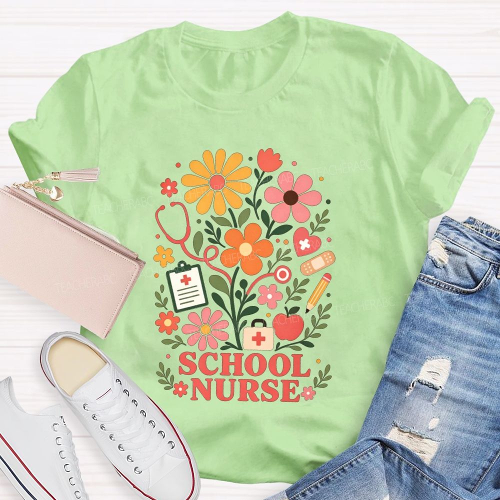 School Nurse Wildflower Stethoscope Bandage Apple T-shirt