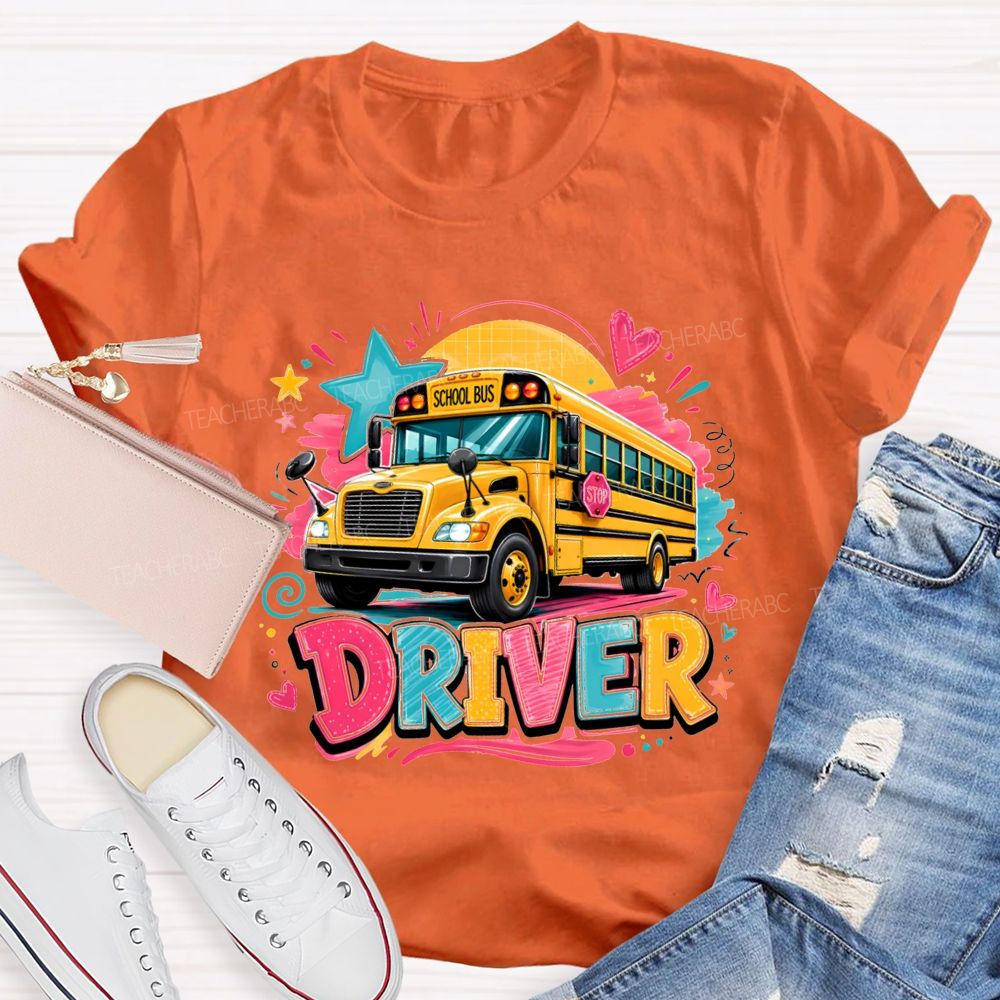 Rainbow School Bus Driver Doodle Heart Star T-shirt
