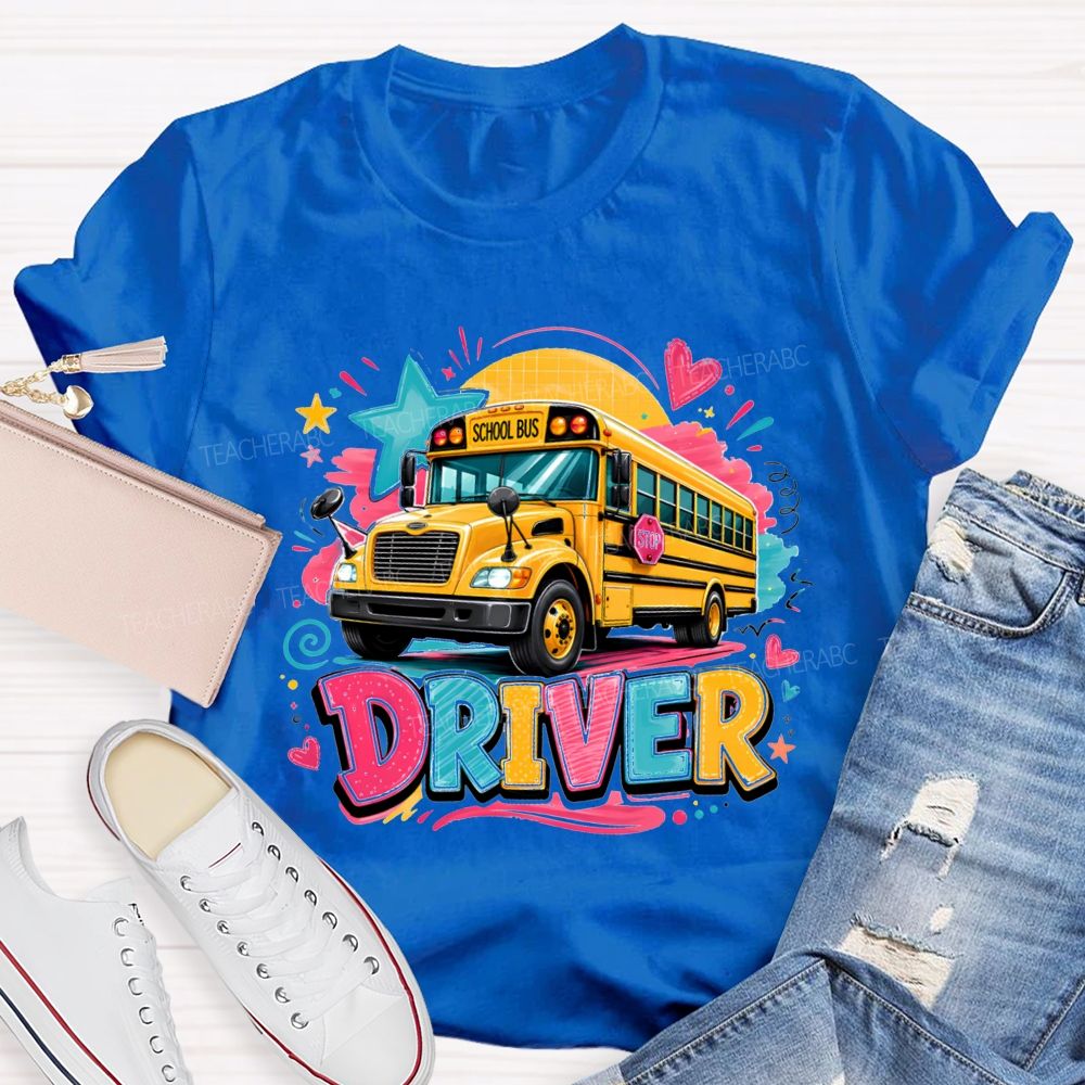 Rainbow School Bus Driver Doodle Heart Star T-shirt